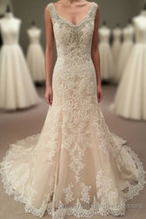 Mermaid Long Champagne Bridal Dress with Lace